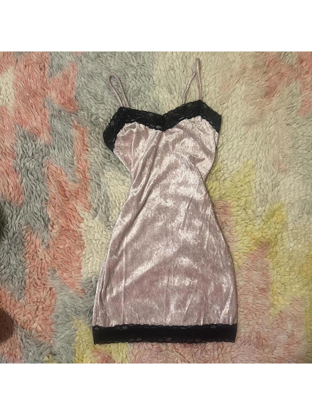 Pink velvet lace trim babydoll slip dress